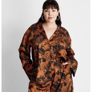 Future Collective Kahlana Barfield Palm Print Blouse Brown Black 2X Work Casual